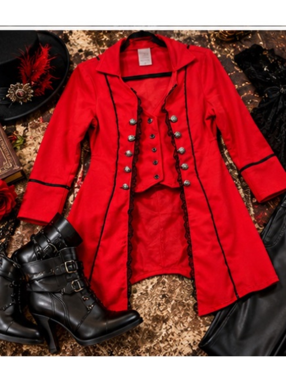 Women’s Gothic Steampunk Tailcoat Jacket Red Black Victorian Ringmaster L